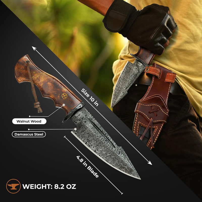 10 Handmade Damascus Hunting Knife With Sheath Fixed Blade Hunting Knives For Men Walnut Wood Handle Fixed Blade 1