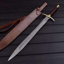 custom handmade damascus steel sword with leather sheath