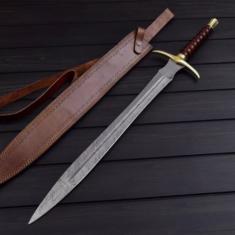 Custom Handmade Damascus Steel Sword With Leather Sheath 2
