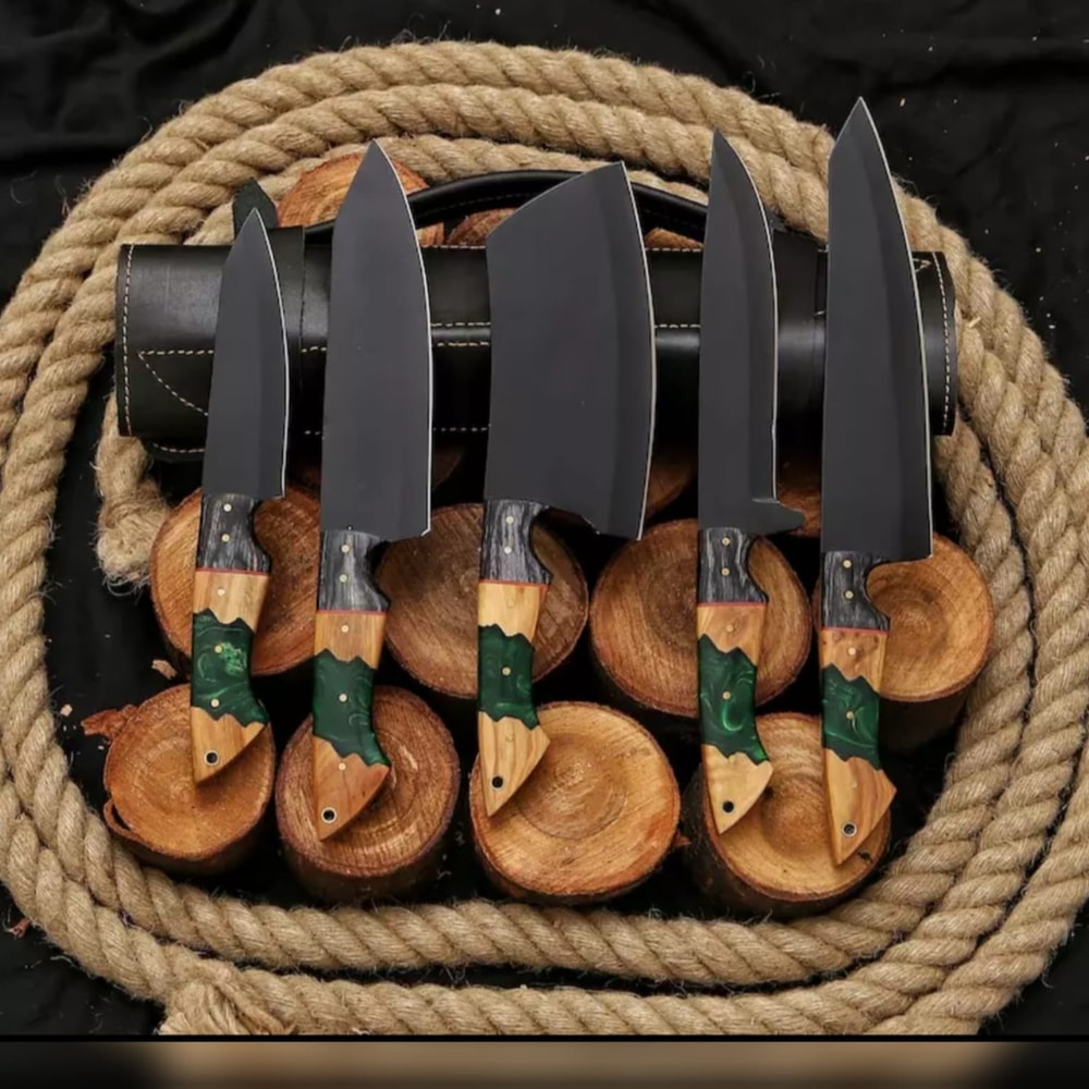 Custom Handmade Carbon Steel KitchenChef Knife Set With Leather Bag 0