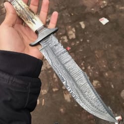 custom handmade damascus steel hunting knife with stag horn handle