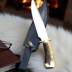 handmade d2 steel bowie knife | stag horn handle & brass guard | hunting knife with leather sheath