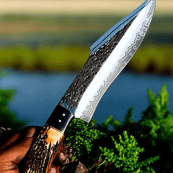 premium stag handle bowie knife | 13" high carbon steel collector blade + leather sheath | handmade presentation knife