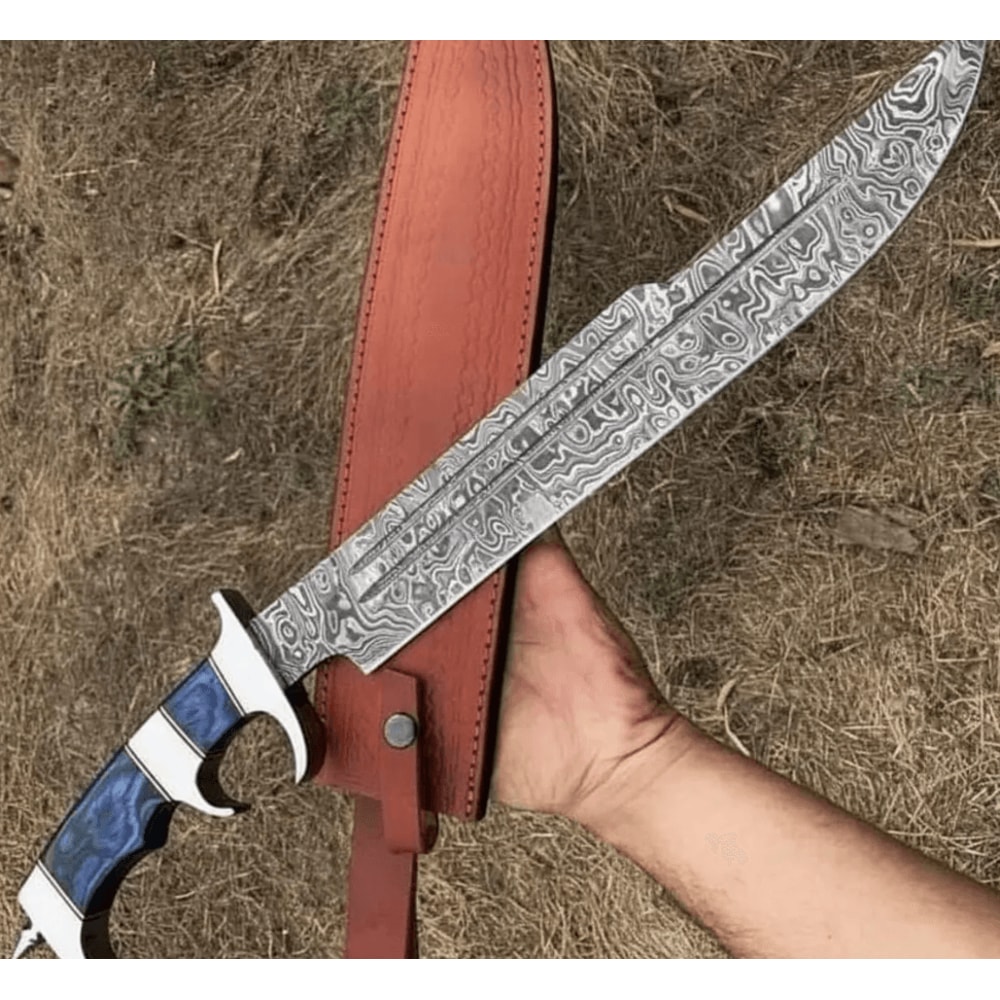 Steel Outdoor Knife HandForged 400Layer Blade With Blue Pakka Wood Handle Leather Sheath 0