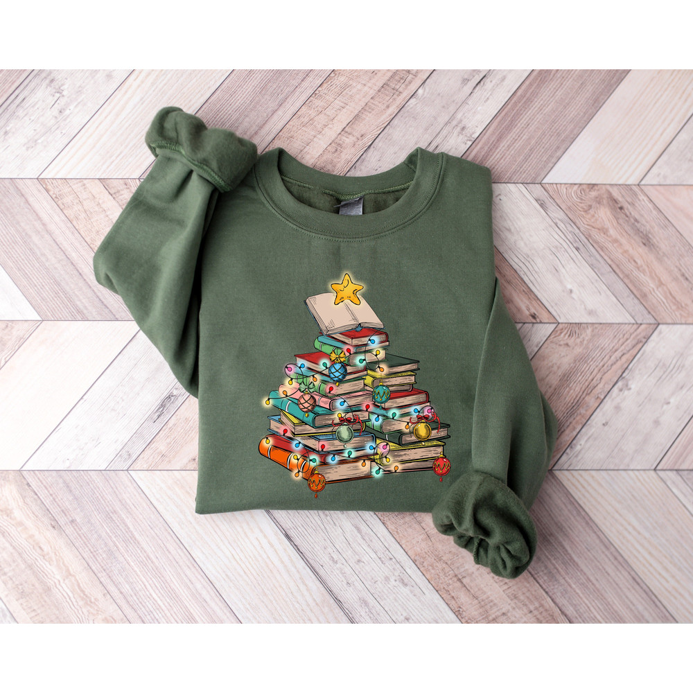 Christmas Book Tree Sweatshirt, Book Lover Christmas Sweater, Librarian Xmas Gift, Student Gift, All Booked for Christmas Shirt, Xmas Tee.jpg