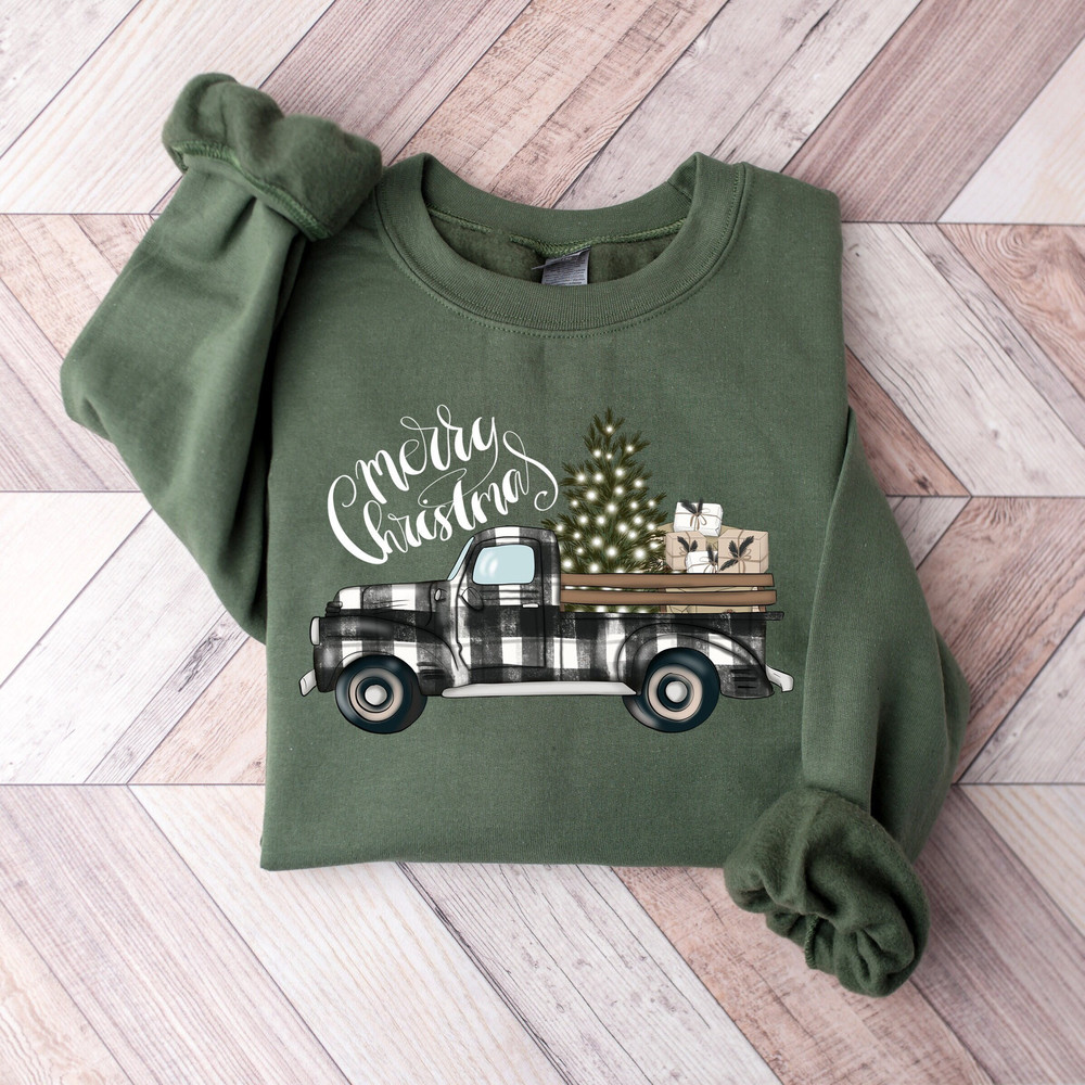 Merry Christmas Truck Sweatshirt, Buffalo Plaid Christmas Truck, Merry Christmas Truck Family Shirts, Vintage Christmas Truck T-Shirt.jpg
