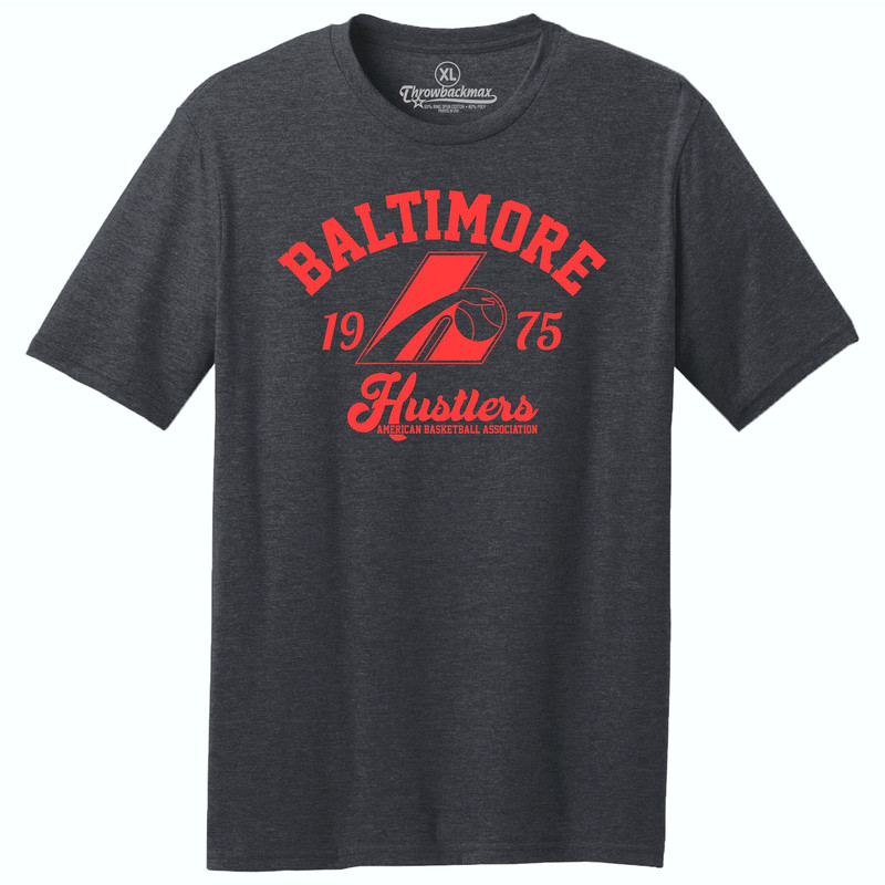 Throwbackmax Baltimore Hustlers 1975 ABA Basketball Classic Cut, Premium Tri-Blend Tee Shirt - Black Heather.jpg