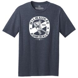 throwbackmax milwaukee admirals 1970 hockey classic cut, premium tri-blend tee shirt - navy heather