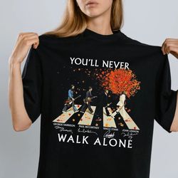 the beatles walking across abbey road christmas signatures shirt, the beatles abby you'll never walk alone sweatshirt
