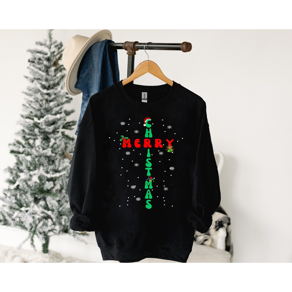 Groovy Christian Christmas Santa hat Jesus Cross and snow Shirt, Christian Christmas Cross Sweatshirt, Gift For Christian, Merry Xmas.jpg