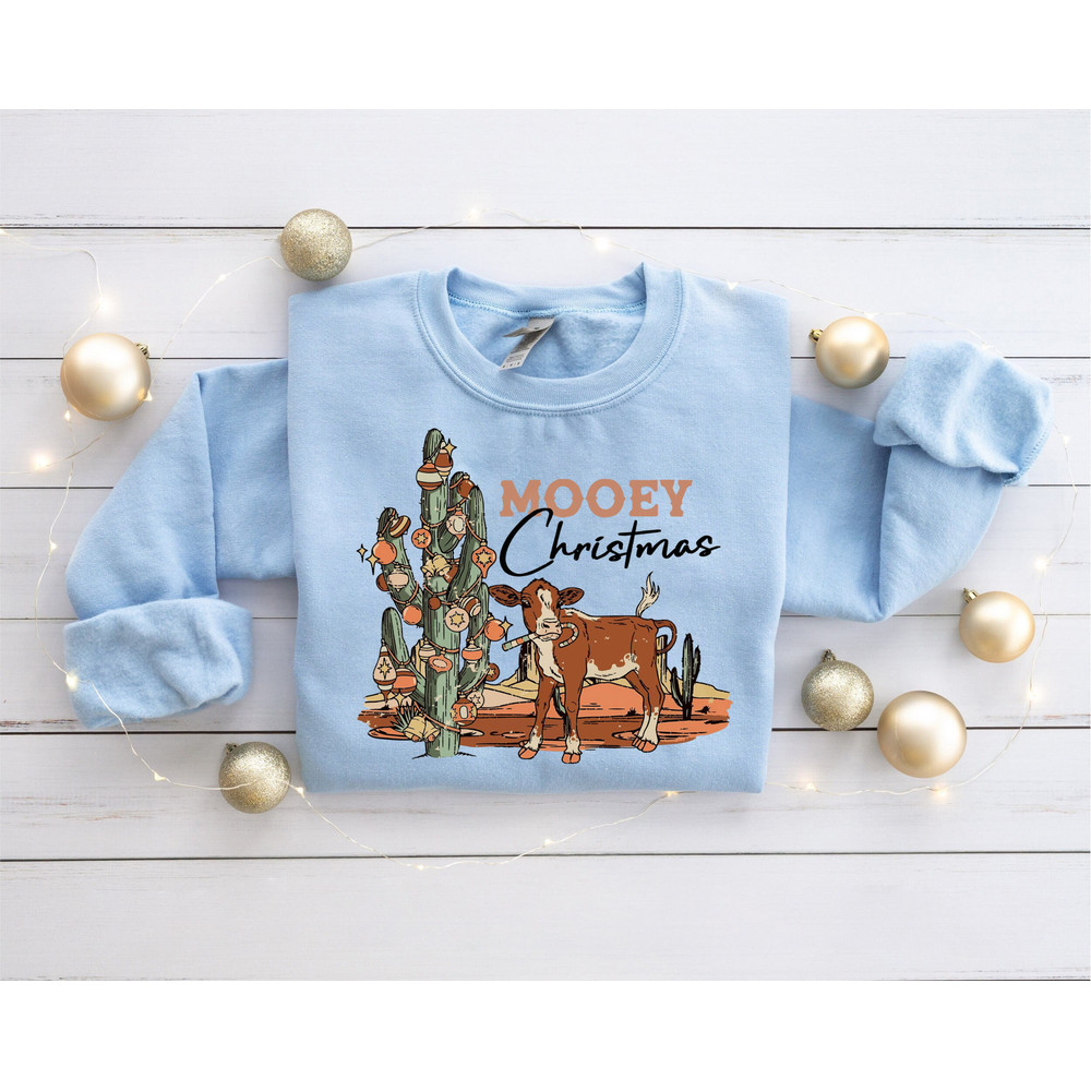 Retro Mooey Christmas Highland Cow Cactus Farmer Xmas Sweatshirt, Western Cow Sweatshirt, Highland Cow Gift for Her, Cow Christmas Gift..jpg