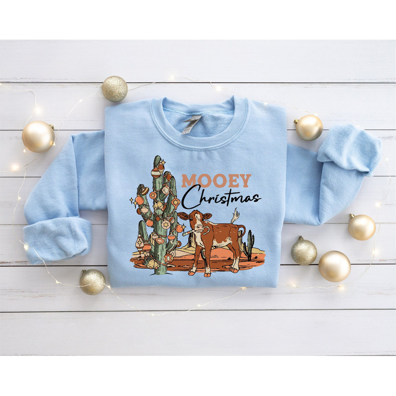 Retro Mooey Christmas Highland Cow Cactus Farmer Xmas Sweatshirt, Western Cow Sweatshirt, Highland Cow Gift for Her, Cow Christmas Gift..jpg