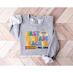 personalized first grade teacher sweatshirt, retro 1st grade teacher shirt, back to school, first day of school, teacher