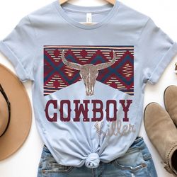 cowboy killer t shirt, country western tee, cowgirl shirt, aztec print, boho, howdy yall, yee haw rodeo clothing, girls