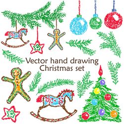 christmas clip art crayon, pencil kids hand drawn art. tree, ball, gift set bundle digital vector eps png commercial use