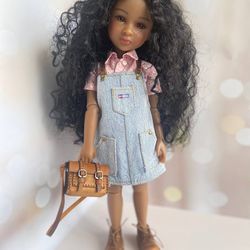Ruby Red Fashion Friends Doll Clothes, Jeans Sundress for 14.5" Dolls, Short Sleeve Shirt, Leather Shoes and Bag