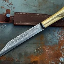 custom handmade damascus steel hunting seax knife with leather sheath