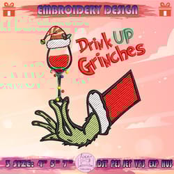 drink up grinches embroidery design, grinch hand embroidery, grinch christmas embroidery design, machine embroidery designs