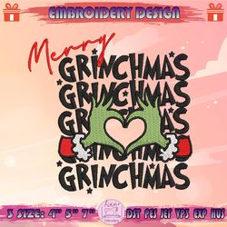 merry grinchmas embroidery design, grinch hand with ornament embroidery, grinch christmas embroidery, machine embroidery designs