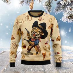 festive cowboy tiger ugly christmas sweater - adult us2625: fun & unique holiday attire