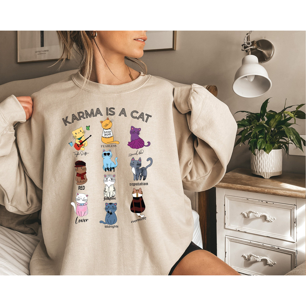 Karma Is A Cat Sweatshirt, Music Albums As Books Sweatshirt, Fan Sweatshirt, Music Sweatshirt, Music Fan Album Sweatshirt, Gift for Her - 1.jpg