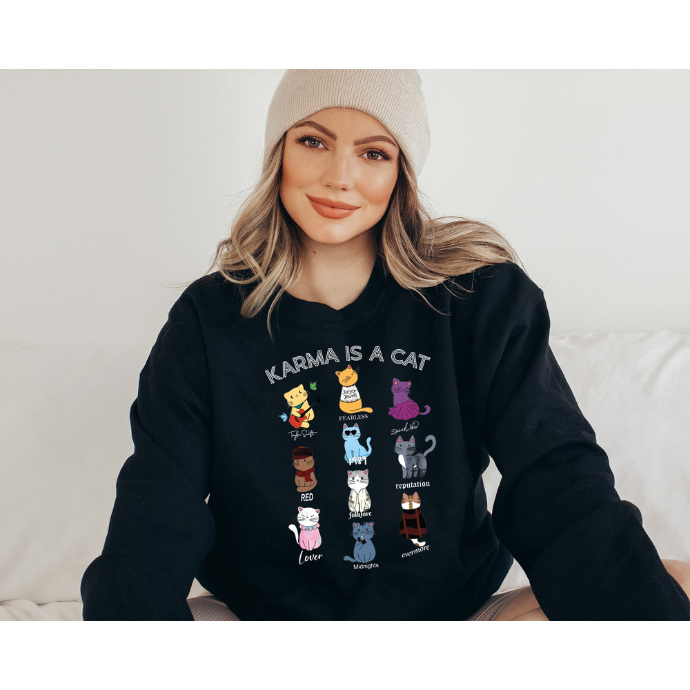 Karma Is A Cat Sweatshirt, Music Albums As Books Sweatshirt, Fan Sweatshirt, Music Sweatshirt, Music Fan Album Sweatshirt, Gift for Her - 5.jpg