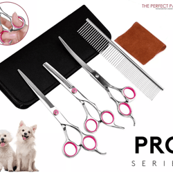 professional pet grooming scissors kit, stainless steel curved, thinning & straight shears for dogs & cats, all-in-one