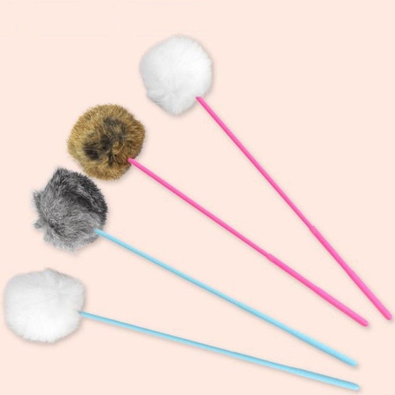 Interactive Pet Toy Faux Rabbit Fur Pompom Stick For Cat Training Play 8