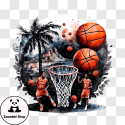 Basketball players on the court with ocean view PNG Design 64