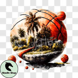 Basketball Ball Floating on Water with Palm Trees PNG