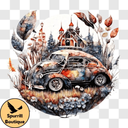 Rustic Watercolor Painting of an Old VW Beetle PNG Design 183