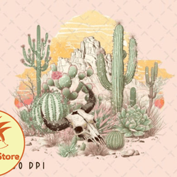 Cow Skull Desert Sun Cactus Vintage PNG Design 03