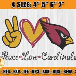 Cardinals Embroidery, Peace Love Cardinals, NFL Machine Embroidery Digital, 4 sizes Machine Emb Files -14 -Colditz