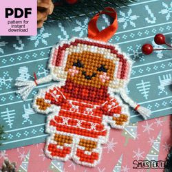 Gingerbread girl cross stitch pattern PDF, plastic canvas pattern & tutorial for beginners, Christmas tree decor