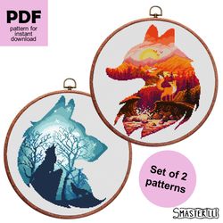 Animals silhouette cross stitch pattern PDF, wolf and fox cross stitch ornament, set of 2 patterns