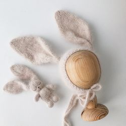 newborn photo prop set: bunny toy and bonnet, bunny set for newborn photo shoots