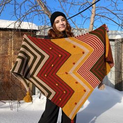 Exclusive boho shawl knitted Warm wool wrap with geometric ornament Unisex Scarf with Tassels