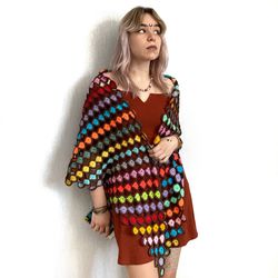 Bright Multicolor Handmade Shawl Exclusive Crocheted Gypsy Wrap Vintage Hippie Boho Accessories