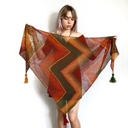 Bright Warm Handmade Knitted Shawl with Tassels Cozy Boho Wrap Scarf Soft Yarn Stylish Fashion Accessory One of a kind