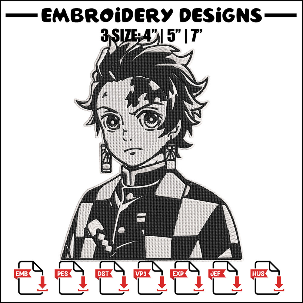 Tanjiro black white Embroidery Design, Demon slayer Embroidery, Embroidery File, Anime Embroidery, Digital download.jpg
