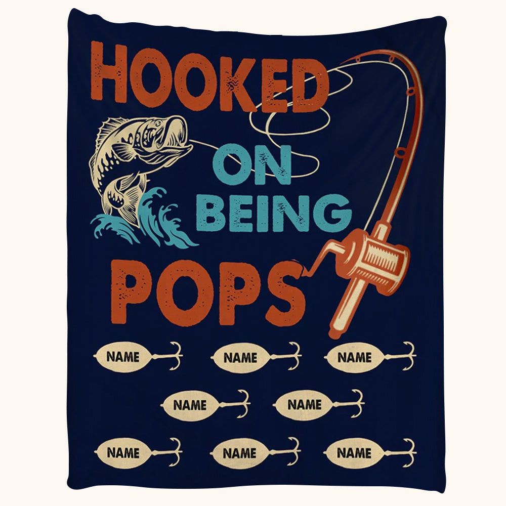 Hooked On Being Pops Fishing Blanket  Papa With Grandkids Name Custom Blanket Gift For Grandpa 0