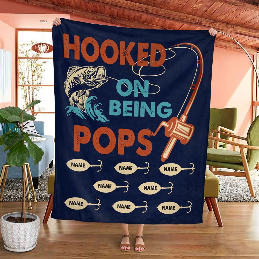Hooked On Being Pops Fishing Blanket  Papa With Grandkids Name Custom Blanket Gift For Grandpa 1