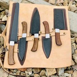 north american knives – viking handmade damascus steel chef knife set (5-piece) with leather sheath, high carbon steel