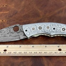 north american knives engraved damascus steel folding pocket knife – handcrafted edc blade with sheath for outdoor us.e