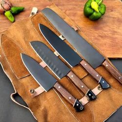 north american knives 4-piece knife set – black coated blades with rosewood handles & leather sheath