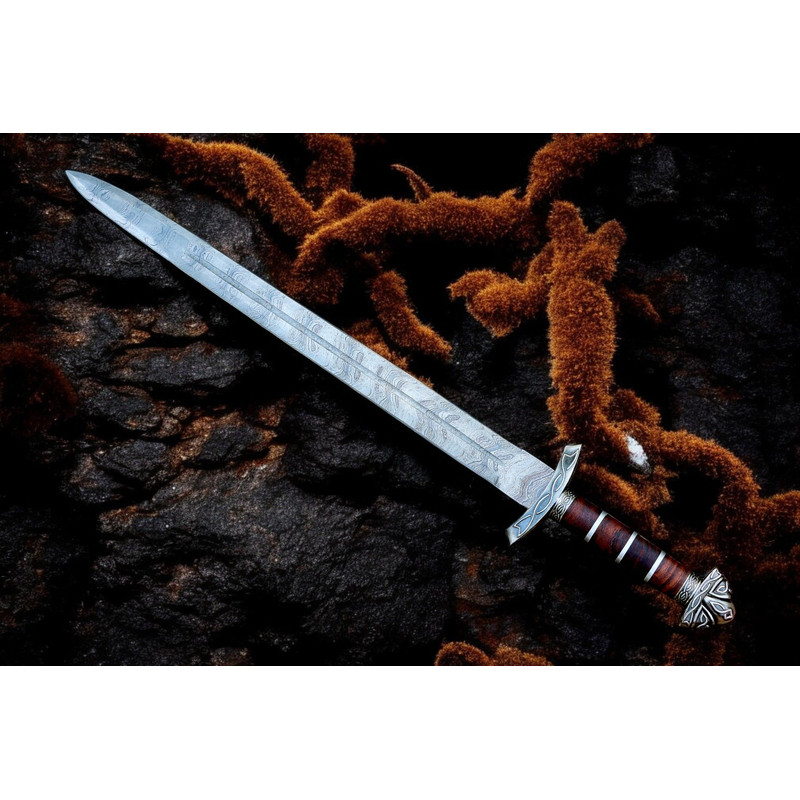 North American Knives Viking Pattern High Carbon Damascus Handmade Steel Sword With Ornate Wooden S