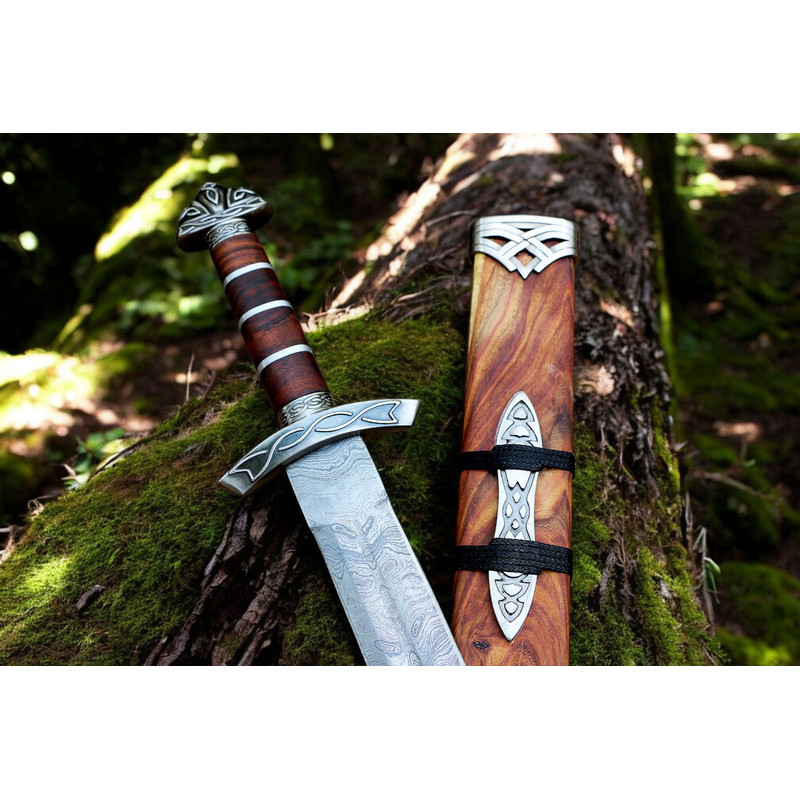 North American Knives Viking Pattern High Carbon Damascus Handmade Steel Sword With Ornate Wooden S