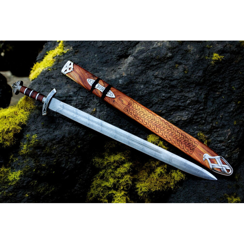 North American Knives Viking Pattern High Carbon Damascus Handmade Steel Sword With Ornate Wooden S