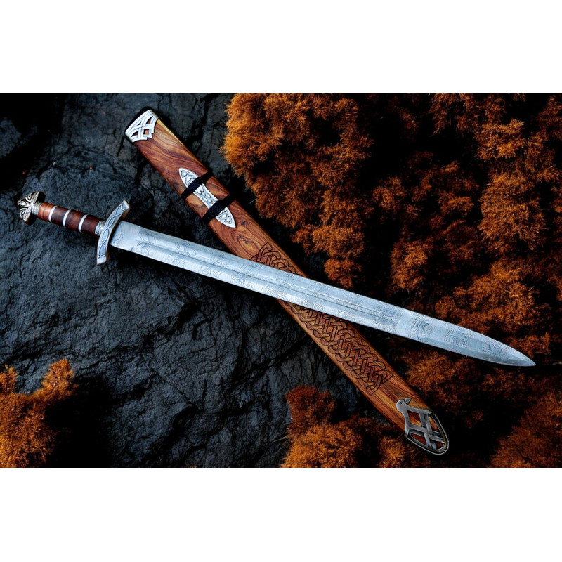 North American Knives Viking Pattern High Carbon Damascus Handmade Steel Sword With Ornate Wooden S