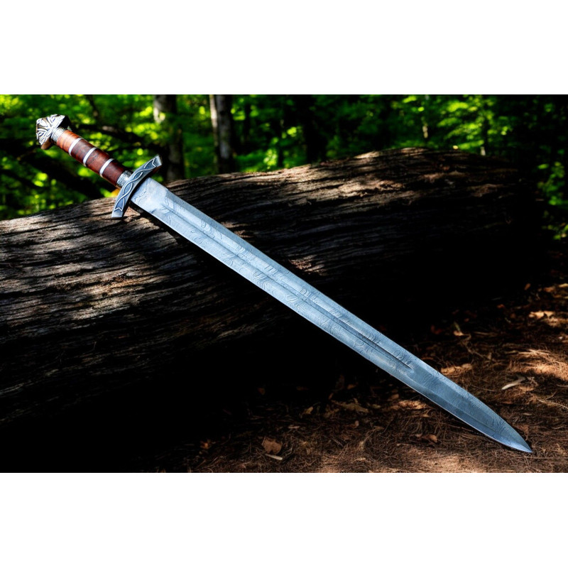 North American Knives Viking Pattern High Carbon Damascus Handmade Steel Sword With Ornate Wooden S